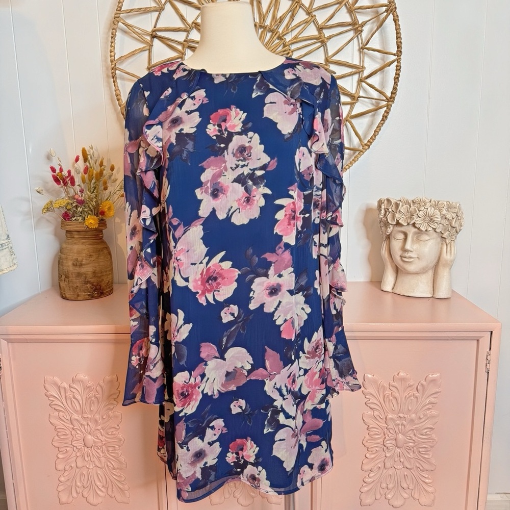 Charles Henry Long Sleeve Floral Dress in Blue and Pink‎
